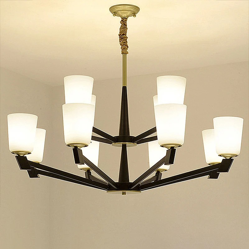 Cone Mat Glass Light Kroonluchter Traditionele 6/8/12 Lichten Woonkamer Hanglamp Zwart met afstandsbediening