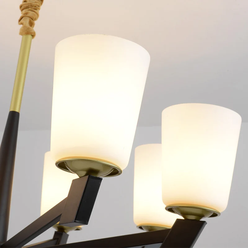 Cone Mat Glass Light Kroonluchter Traditionele 6/8/12 Lichten Woonkamer Hanglamp Zwart met afstandsbediening