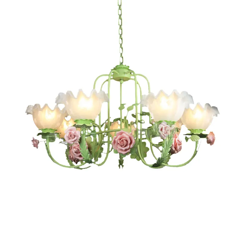 Dimbare Spot Opaalglas wit/groen plafondlamp zwanenhalsarm 5/7 lampen Koreaanse bloemhangende kroonluchter voor slaapkamer