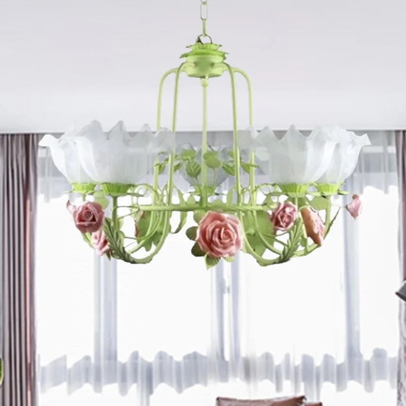 Dimbare Spot Opaalglas wit/groen plafondlamp zwanenhalsarm 5/7 lampen Koreaanse bloemhangende kroonluchter voor slaapkamer