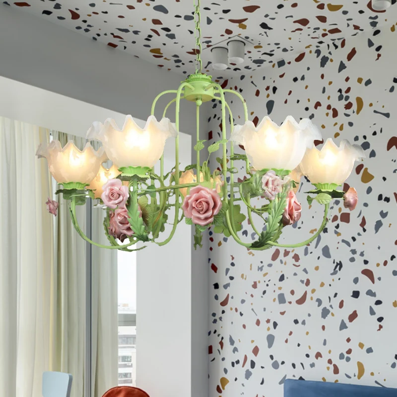 Dimbare Spot Opaalglas wit/groen plafondlamp zwanenhalsarm 5/7 lampen Koreaanse bloemhangende kroonluchter voor slaapkamer