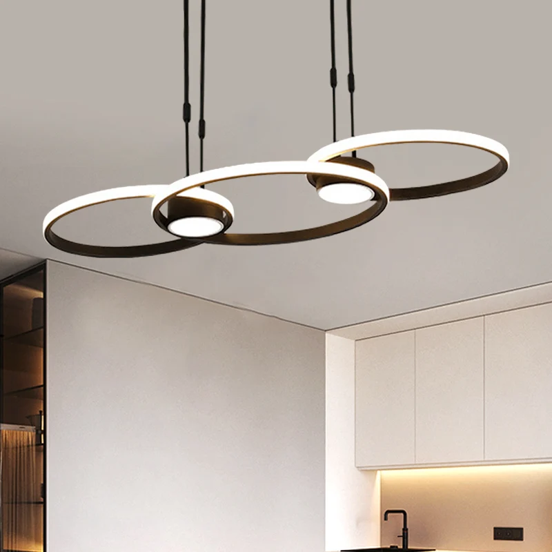 Dimbare Spot Zwart/goud afgewerkte 3/4-ring kroonluchterhanger, moderne, stijlvolle LED-metalen hangende plafondlamp