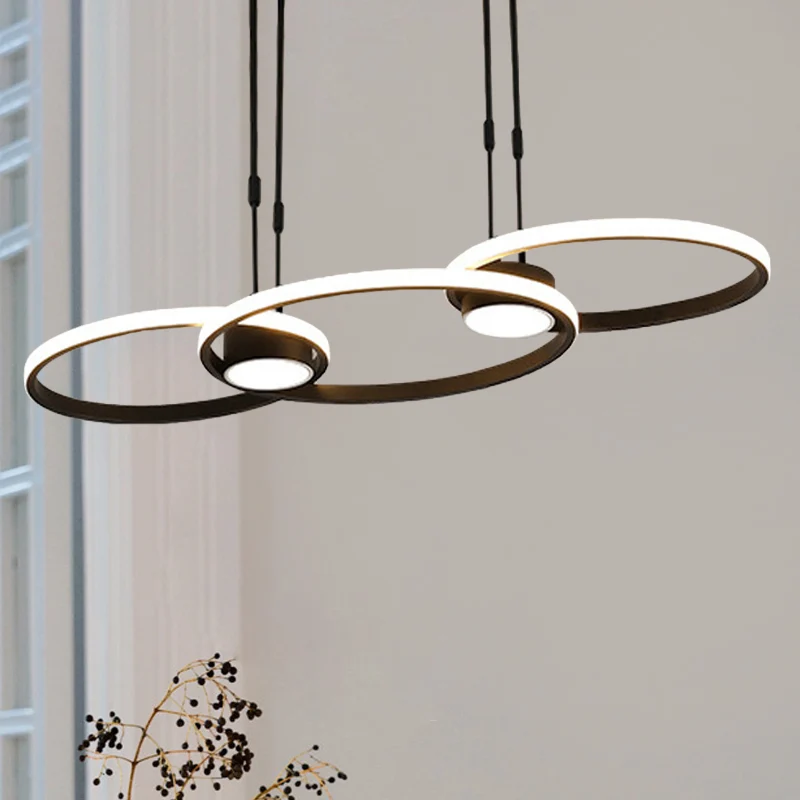 Dimbare Spot Zwart/goud afgewerkte 3/4-ring kroonluchterhanger, moderne, stijlvolle LED-metalen hangende plafondlamp