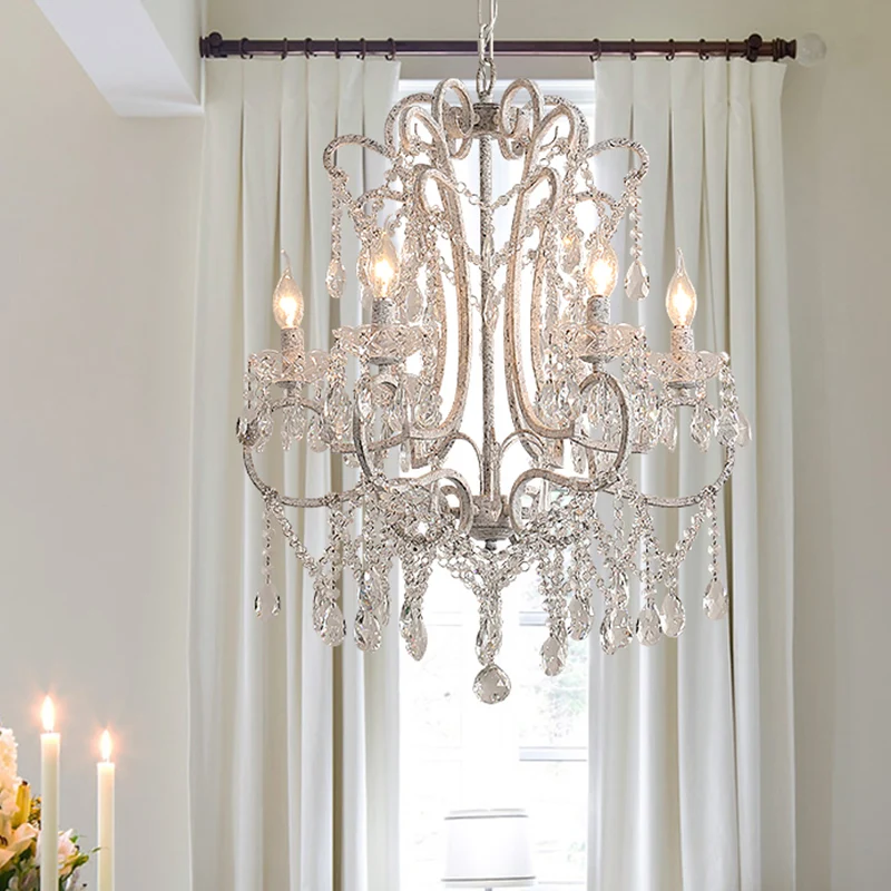 Dimmbare Antieke kandelaar plafondverlichting metalen kroonluchter lichtarmatuur met kristallen kralendecor wit