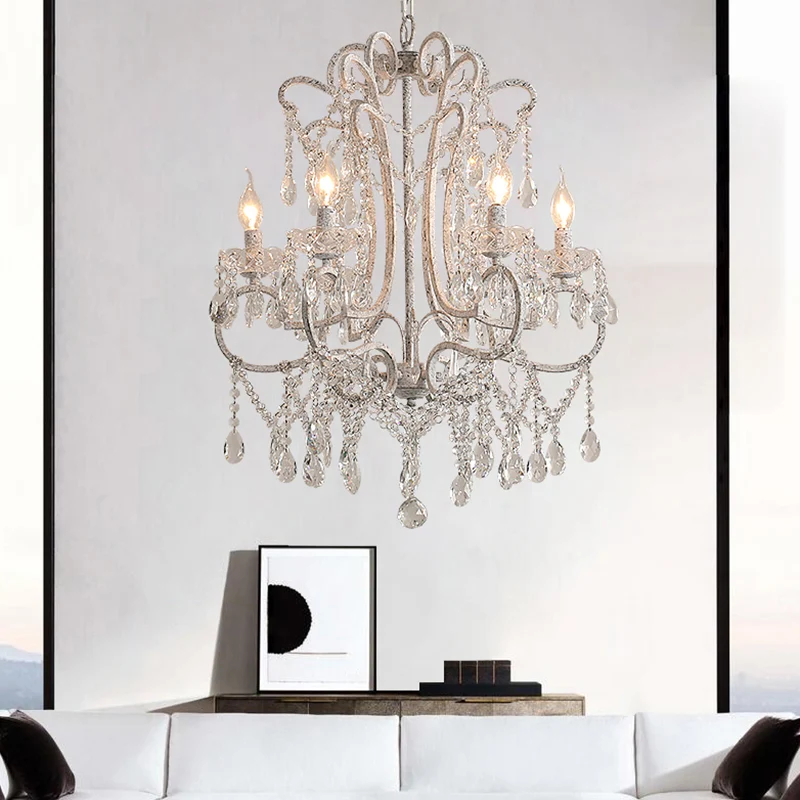 Dimmbare Antieke kandelaar plafondverlichting metalen kroonluchter lichtarmatuur met kristallen kralendecor wit