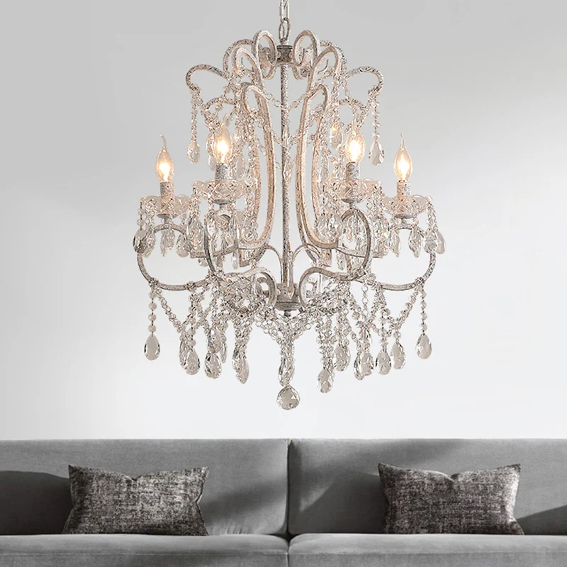 Dimmbare Antieke kandelaar plafondverlichting metalen kroonluchter lichtarmatuur met kristallen kralendecor wit