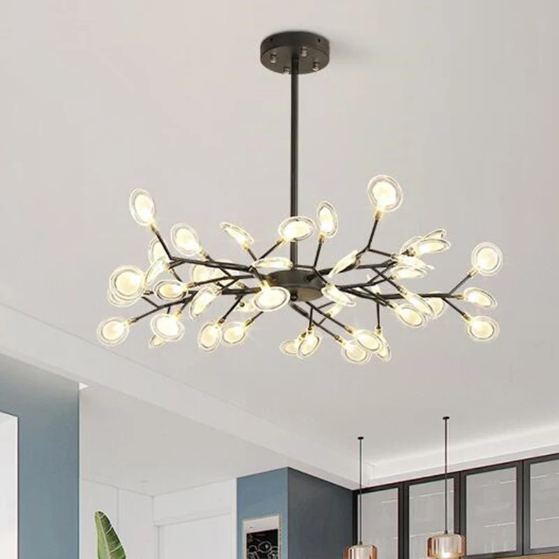 Eenvoud Vertakte Firefly Kroonluchter Helder Acryl Woonkamer LED Hanglamp Zwarte Afwerking