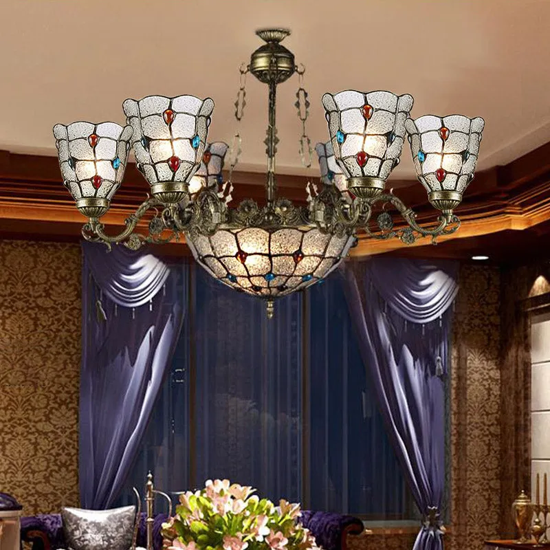 Frosted Glazen Scrolling Arm Hangende Kroonluchter Tiffany Style 9/12 Lichten Bronzen Hanglamp Kit voor Woonkamer