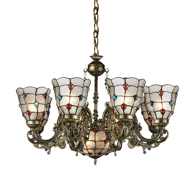 Frosted Glazen Scrolling Arm Hangende Kroonluchter Tiffany Style 9/12 Lichten Bronzen Hanglamp Kit voor Woonkamer