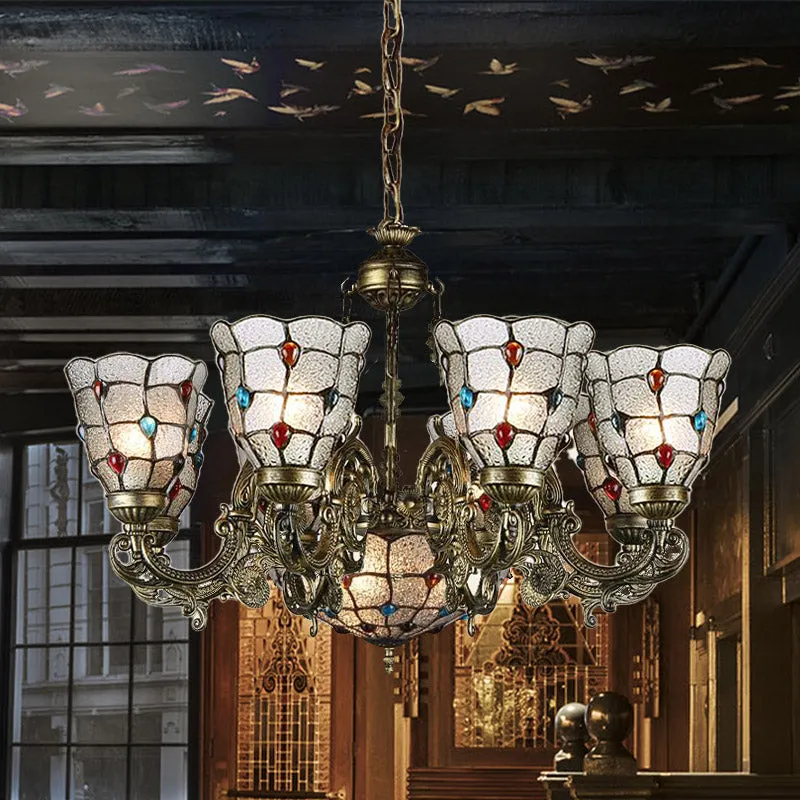 Frosted Glazen Scrolling Arm Hangende Kroonluchter Tiffany Style 9/12 Lichten Bronzen Hanglamp Kit voor Woonkamer