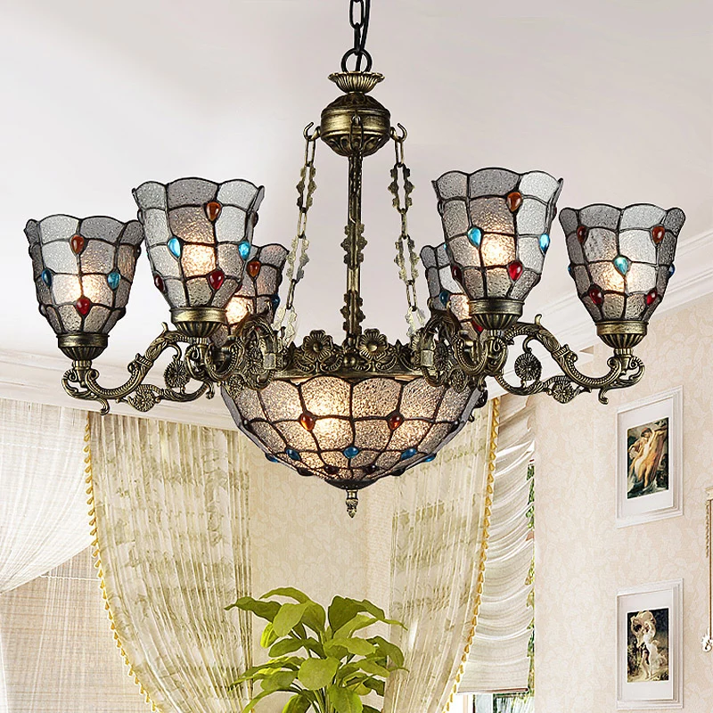 Frosted Glazen Scrolling Arm Hangende Kroonluchter Tiffany Style 9/12 Lichten Bronzen Hanglamp Kit voor Woonkamer
