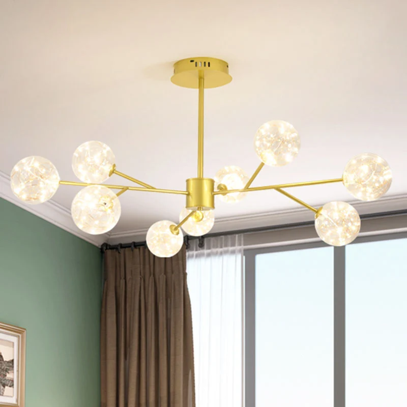 Gouden bolvormige plafondkroonluchter moderne stijl glanzend glas LED-sterrenhanglampset