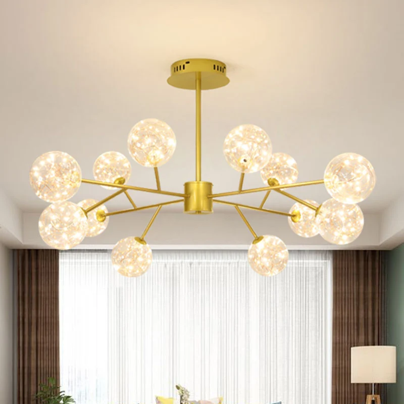 Gouden bolvormige plafondkroonluchter moderne stijl glanzend glas LED-sterrenhanglampset