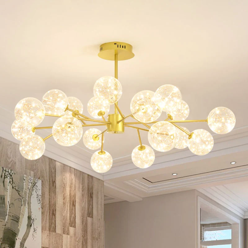 Gouden bolvormige plafondkroonluchter moderne stijl glanzend glas LED-sterrenhanglampset