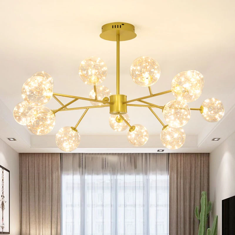Gouden bolvormige plafondkroonluchter moderne stijl glanzend glas LED-sterrenhanglampset