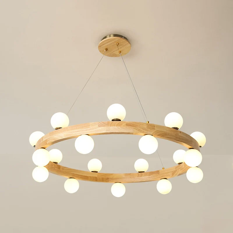 Industriële Stijl Houten ronde kroonluchter Minimalistische LED-hanglamp met bolvormige opaalglazen kap