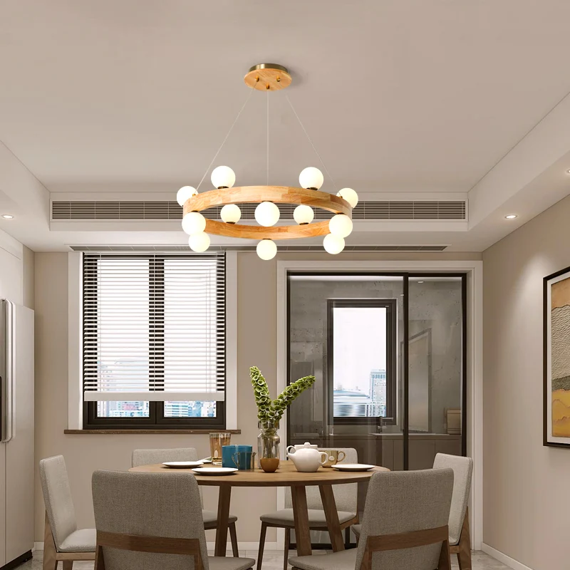 Industriële Stijl Houten ronde kroonluchter Minimalistische LED-hanglamp met bolvormige opaalglazen kap