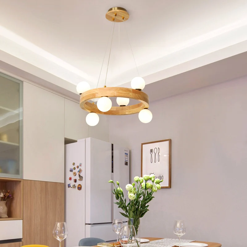Industriële Stijl Houten ronde kroonluchter Minimalistische LED-hanglamp met bolvormige opaalglazen kap