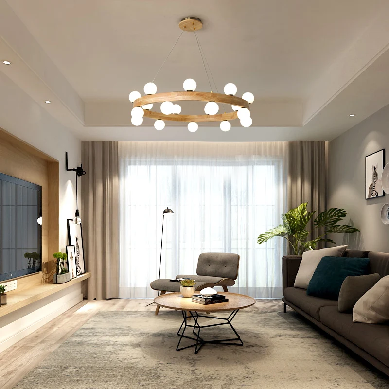 Industriële Stijl Houten ronde kroonluchter Minimalistische LED-hanglamp met bolvormige opaalglazen kap