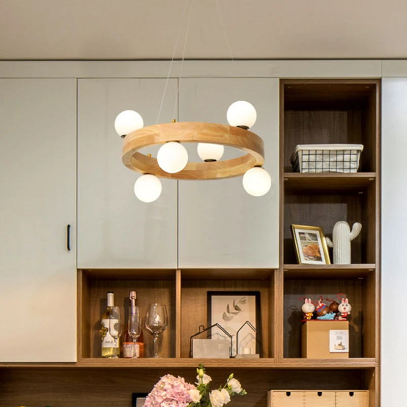 Industriële Stijl Houten ronde kroonluchter Minimalistische LED-hanglamp met bolvormige opaalglazen kap
