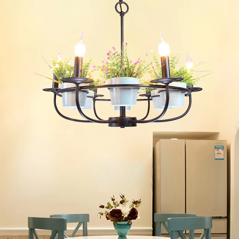 Industriële Stijl Kandelaar Woonkamer Kroonluchter Industrieel Ijzer 6/8 Koppen Zwarte Hanglamp met Potplantendecor