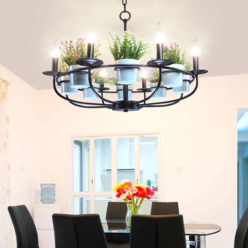 Industriële Stijl Kandelaar Woonkamer Kroonluchter Industrieel Ijzer 6/8 Koppen Zwarte Hanglamp met Potplantendecor