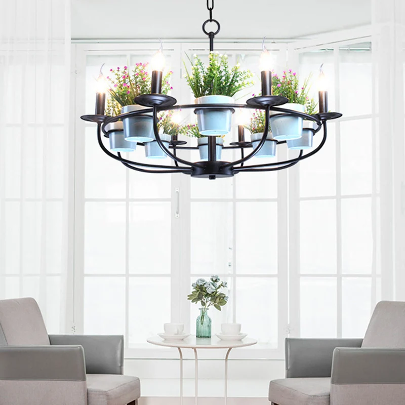 Industriële Stijl Kandelaar Woonkamer Kroonluchter Industrieel Ijzer 6/8 Koppen Zwarte Hanglamp met Potplantendecor