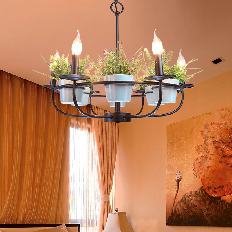 Industriële Stijl Kandelaar Woonkamer Kroonluchter Industrieel Ijzer 6/8 Koppen Zwarte Hanglamp met Potplantendecor