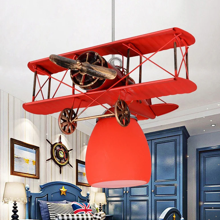 Industriële Stijl Strak eigentijds gevechtsvliegtuig kroonluchter metalen hanglamp voor kinderslaapkamer, blauw/rood/geel