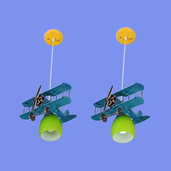 Industriële Stijl Strak eigentijds gevechtsvliegtuig kroonluchter metalen hanglamp voor kinderslaapkamer, blauw/rood/geel