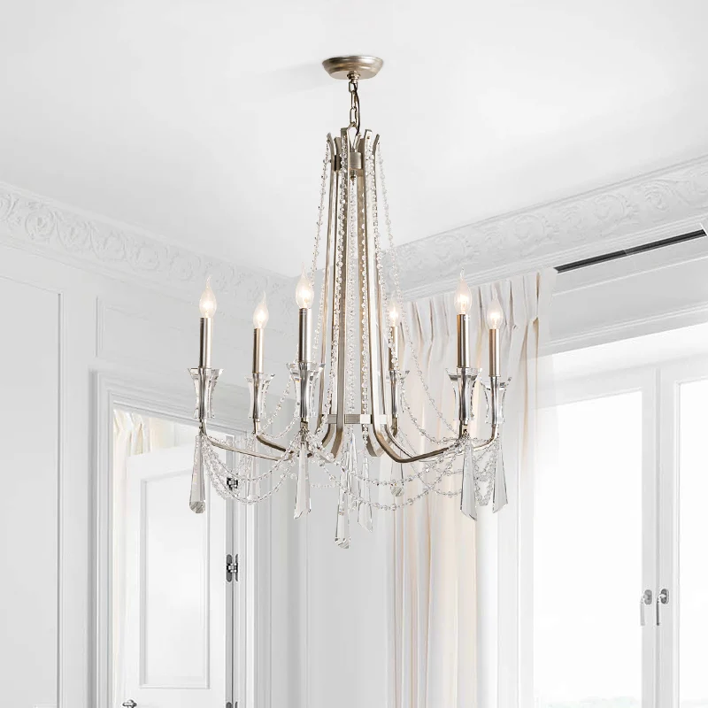 Kandelaar Kroonluchter Rustieke metalen hanglamp met nikkelafwerking en kristallen decoratie | 3000K | 2000 lm
