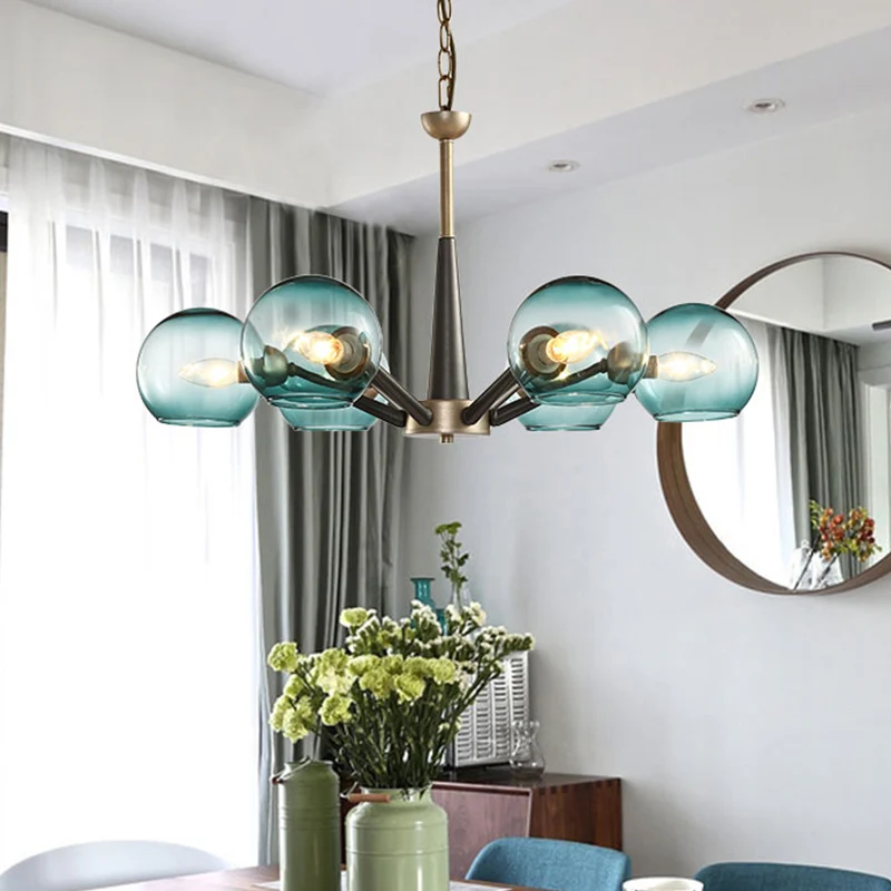 Klassiek Dome Shade Hangende Kroonluchter Wit/Blauw/Helder Glas 6 Lichts Lounge Suspension Hanglamp met Burst Design