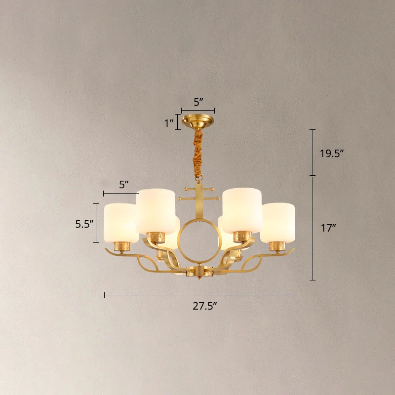 Kroonluchterlamp Traditionele woonkamerhanglamp met cilindermelkglazen kap messing met Lange Kabel