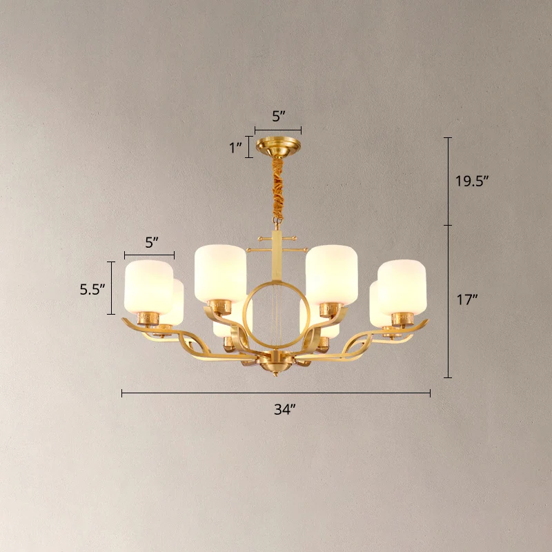 Kroonluchterlamp Traditionele woonkamerhanglamp met cilindermelkglazen kap messing met Lange Kabel