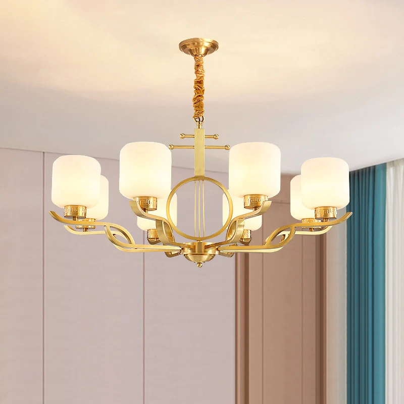 Kroonluchterlamp Traditionele woonkamerhanglamp met cilindermelkglazen kap messing met Lange Kabel