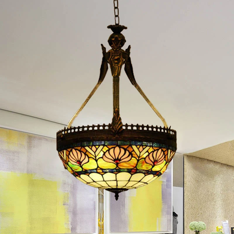 3 Lichten Dragonfly Kroonluchter Lichtpunt Tiffany Stijl Geel/Oranje/Roze en Wit Gebrandschilderd Glas Hanglamp met 3 Lich...