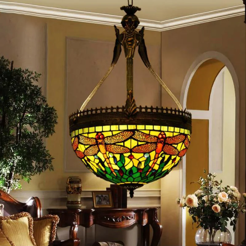 3 Lichten Dragonfly Kroonluchter Lichtpunt Tiffany Stijl Geel/Oranje/Roze en Wit Gebrandschilderd Glas Hanglamp met 3 Lich...