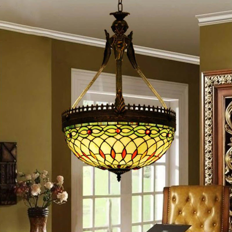 3 Lichten Dragonfly Kroonluchter Lichtpunt Tiffany Stijl Geel/Oranje/Roze en Wit Gebrandschilderd Glas Hanglamp met 3 Lich...