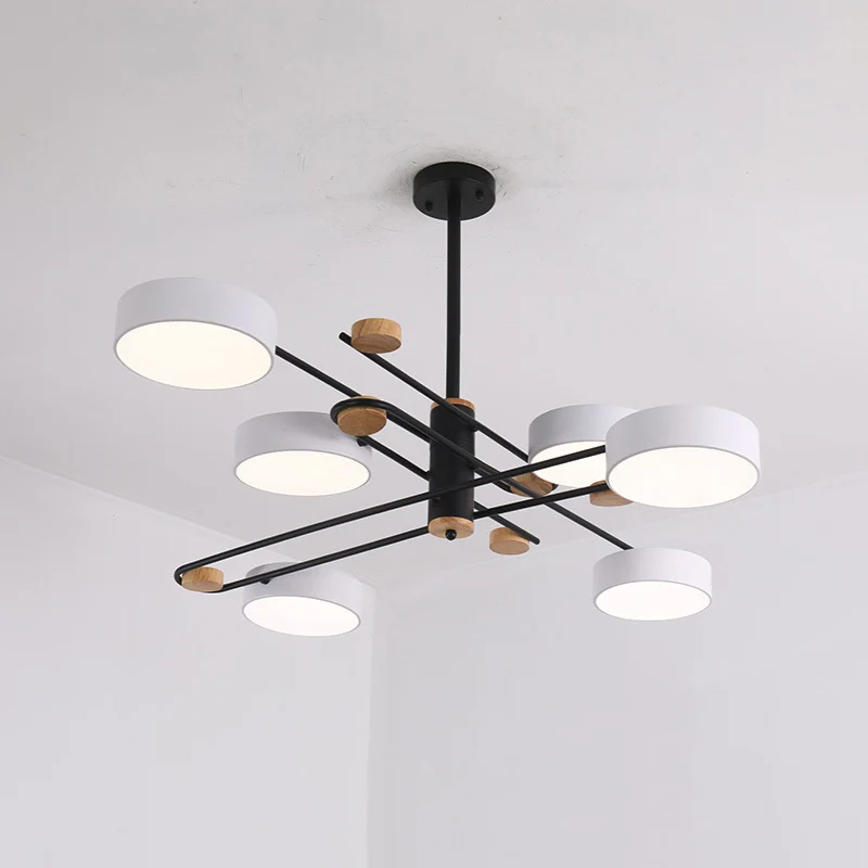 6 Lichten Nordic Kroonluchter Goud/Grijs/Wit-Hout Spoetnik Plafond Hanglamp met Acryl Schaduw voor woonkamer met afstandsb...