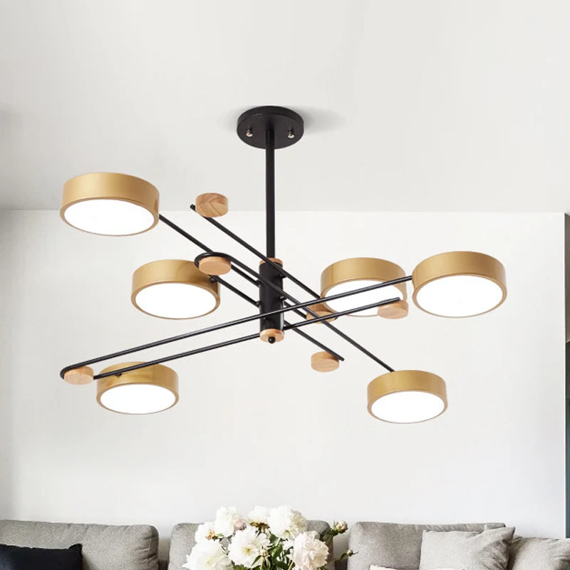 6 Lichten Nordic Kroonluchter Goud/Grijs/Wit-Hout Spoetnik Plafond Hanglamp met Acryl Schaduw voor woonkamer met afstandsb...