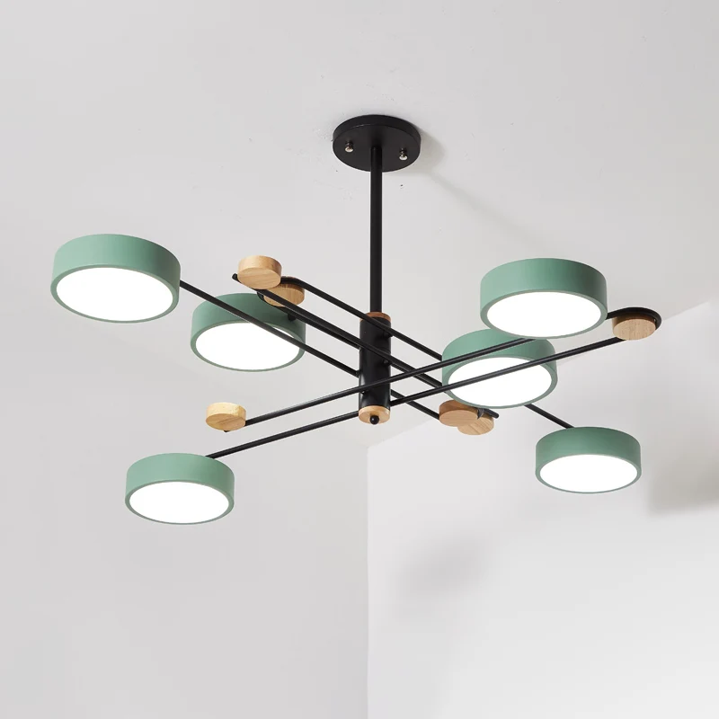 6 Lichten Nordic Kroonluchter Goud/Grijs/Wit-Hout Spoetnik Plafond Hanglamp met Acryl Schaduw voor woonkamer met afstandsb...