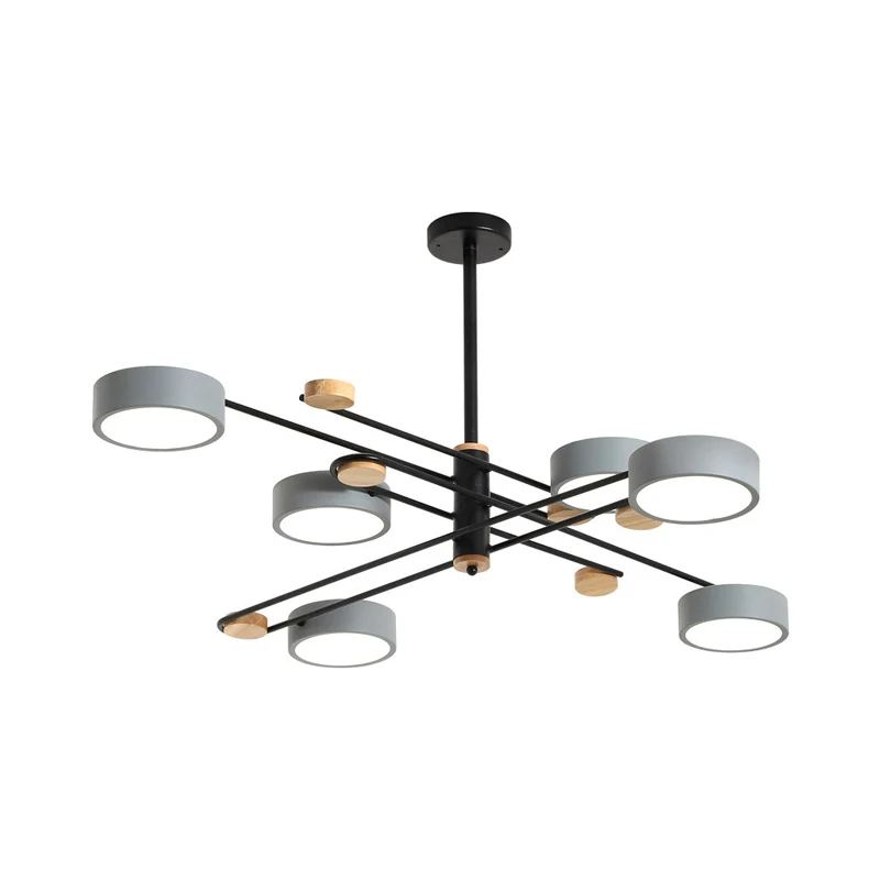 6 Lichten Nordic Kroonluchter Goud/Grijs/Wit-Hout Spoetnik Plafond Hanglamp met Acryl Schaduw voor woonkamer met afstandsb...
