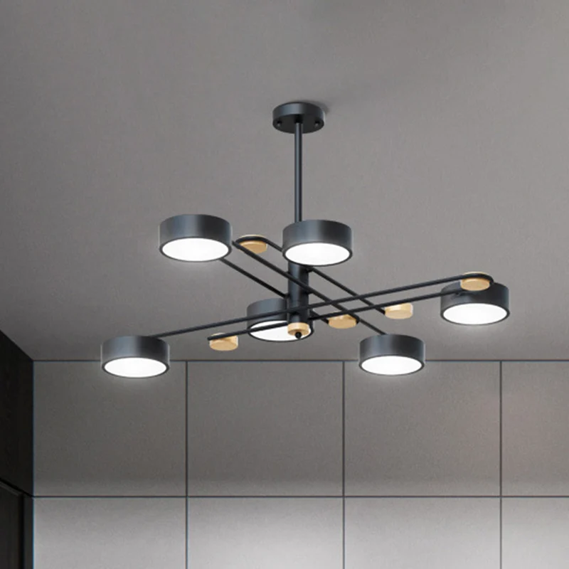 6 Lichten Nordic Kroonluchter Goud/Grijs/Wit-Hout Spoetnik Plafond Hanglamp met Acryl Schaduw voor woonkamer met afstandsb...