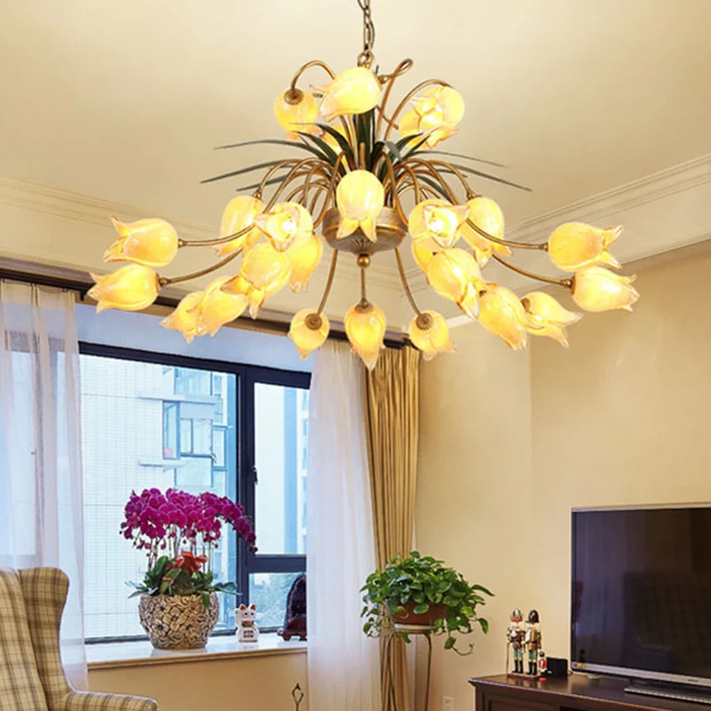 Metalen Tulp/Lelie Kroonluchter Lichtpunt Romantische Pastorale 25 Lichten Woonkamer LED Plafondhanger Messing met Lange K...