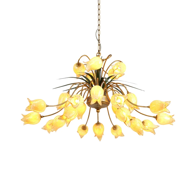 Metalen Tulp/Lelie Kroonluchter Lichtpunt Romantische Pastorale 25 Lichten Woonkamer LED Plafondhanger Messing met Lange K...