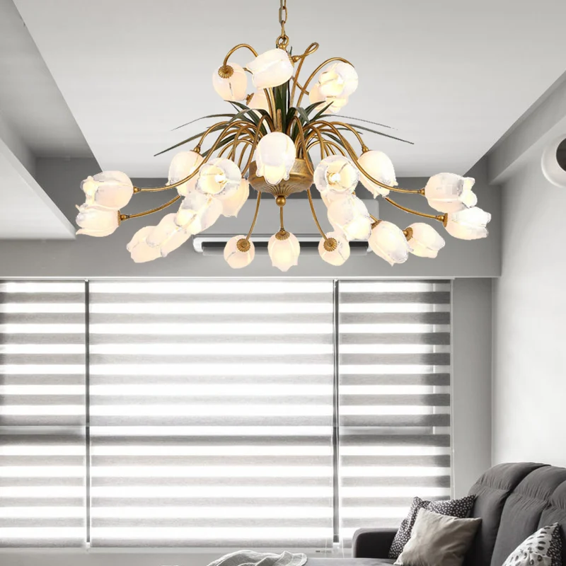 Metalen Tulp/Lelie Kroonluchter Lichtpunt Romantische Pastorale 25 Lichten Woonkamer LED Plafondhanger Messing met Lange K...