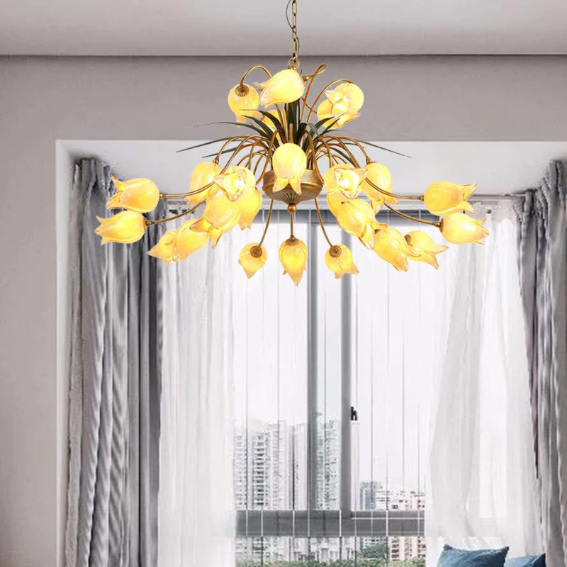 Metalen Tulp/Lelie Kroonluchter Lichtpunt Romantische Pastorale 25 Lichten Woonkamer LED Plafondhanger Messing met Lange K...