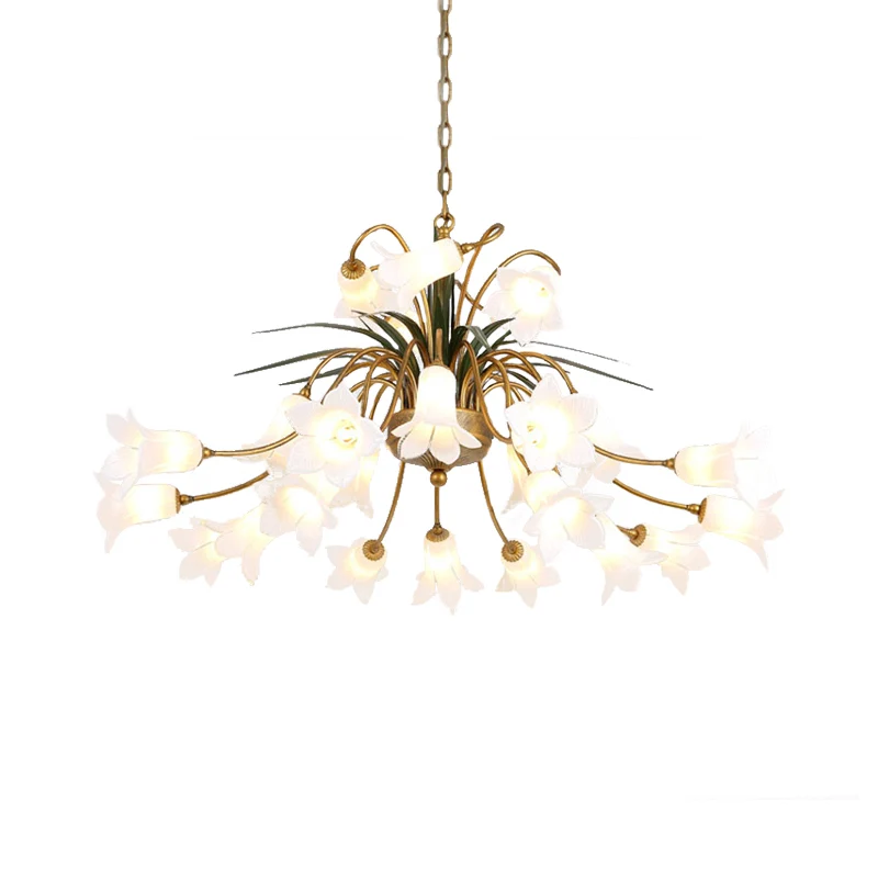 Metalen Tulp/Lelie Kroonluchter Lichtpunt Romantische Pastorale 25 Lichten Woonkamer LED Plafondhanger Messing met Lange K...