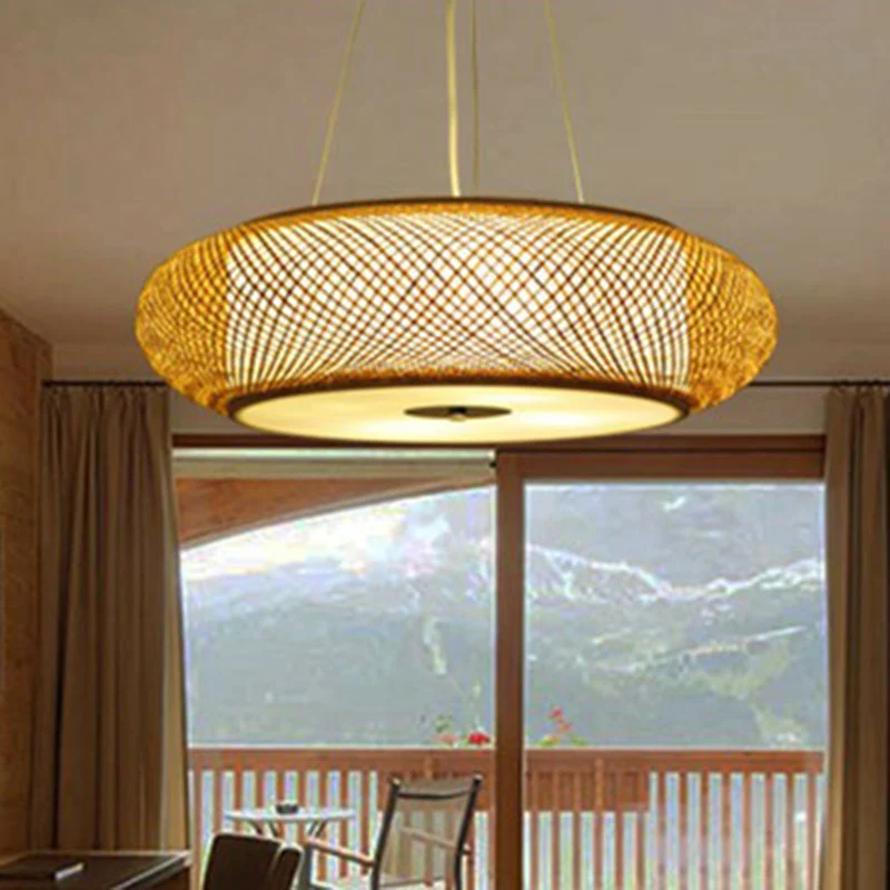 Minimalistisch Design Afgeronde Drum Restaurant Kroonluchter Verlichting Bamboe 3 Lampen Minimalistische Hanglamp Hout