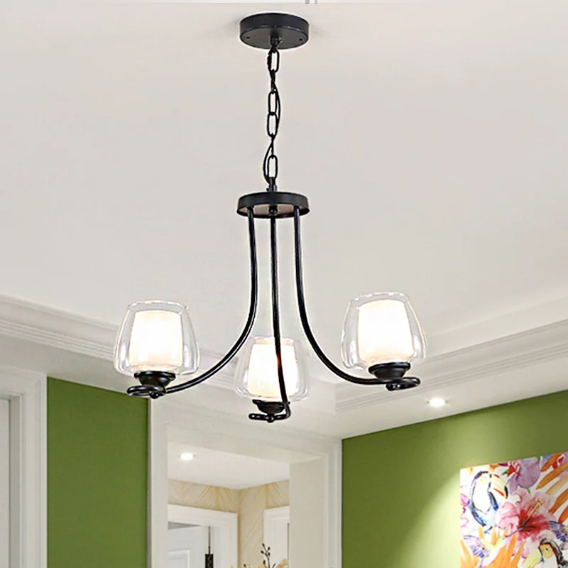 Plafondlamp Spoetnik, dubbellaags glas, traditionele eetkamerkroonluchter, 3/6 lampen, zwart voor Keuken